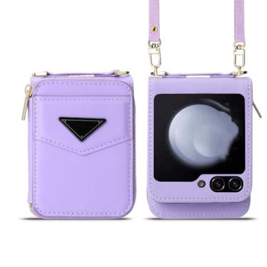 Imagem de Capa de telefone carteira crossbody para Samsung Flip5 Flip4 5G Slot para cartão com cordão de couro, roxo, para Galaxy Z Flip5 5G