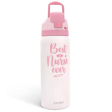 Imagem de Garrafa de água de aço inoxidável isolada para enfermeiras com canudo para esportes e viagens, Best Nurse Ever, 946 ml, presentes para mulheres, formatura, enfermeira, semana, agradecimento