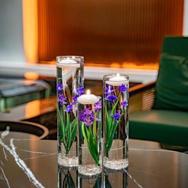 Imagem de Phalaenopsis de vaso de vidro de orquídea roxa artificial com kit de velas flutuantes para mesa de centro de mesa, casamento ou festa na piscina, cozinha, banheiro, bar, restaurante, festival