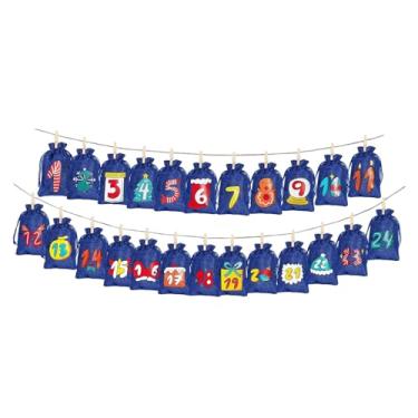 Imagem de Fancyes 24 peças de sacos de calendário de advento de Natal com clipes de madeira, suprimentos para festas, lembrancinhas, sacos de presente, bolsa de estopa, Azul
