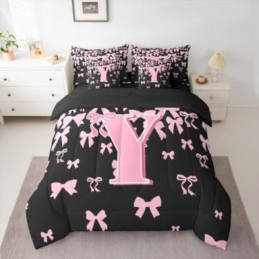 Imagem de jejeloiu Conjunto de edredom com laço fofo, 7 peças, solteiro, letra Y, para crianças, meninos, meninas, preto, rosa, coquete, monograma, respirável, macio