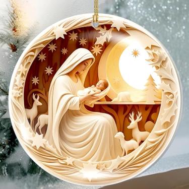 Imagem de Enfeite de Natal 2025 – Enfeite de acrílico do presépio santo, decoração religiosa da Virgem Maria e do Menino Jesus para árvore, enfeite datado de Navidad 2025, presente de decoração de Natal