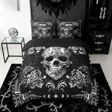 Imagem de Conjunto de edredom de caveira gótica, tamanho king, com flor de Halloween, para decoração de quarto de crianças, meninos, meninas, adolescentes, 1 lençol com elástico, 1 lençol de cima, 2 fronhas, 2