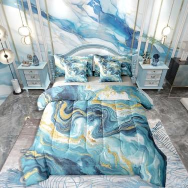 Imagem de Conjunto de edredom solteiro marmorizado com lençóis, arte fluida de tinta aquarela, 7 peças, estampa de mármore, arte impressa em uma bolsa, decoração abstrata de textura de mármore, efeito de
