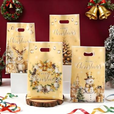 Imagem de 25 peças de sacolas retrô de presente de Natal – Sacola vintage dourada com estampa de boneco de neve de alce e árvore de Natal com alças, sacolas de doces de plástico para lembrancinhas de festa de