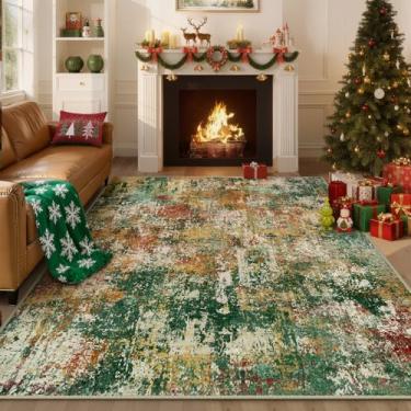 Imagem de RELEANY Tapetes laváveis, 20 x 25 cm, antiderrapante, moderno, abstrato, macio para sala de estar, entrada, quarto, berçário, estampado, verde, laranja, ferrugem, vermelho, creme, colorido