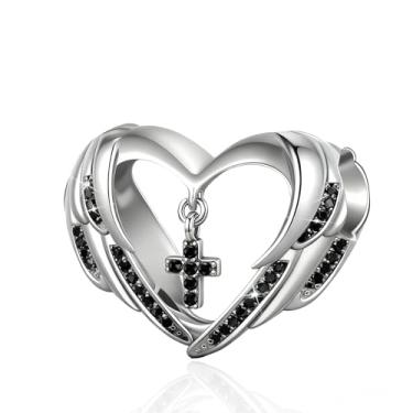 Imagem de LuxglitterLin Pingente de Asas de Coração de Anjo Guardião Pendente Cruz Pavé Preto Pedra do Nascimento Compatível com Pulseiras Pandora Presente Religioso Feminino