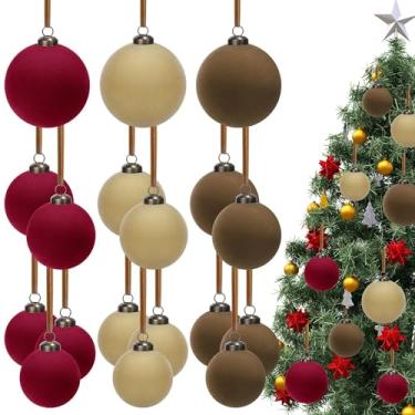 Imagem de Aneco 36 peças de enfeites de Natal de veludo, 3 tamanhos de bola de árvore de Natal flocada, enfeites decorativos de plástico para pendurar com 36 fitas para decoração de árvore de guirlanda de Natal