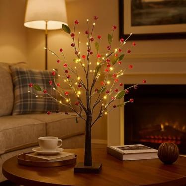 Imagem de Árvore de flor de baga vermelha com luzes LED, árvore branca quente de 55 cm para Natal, lâmpada de árvore de Natal operada por bateria de mesa para casa, quarto, cornija e decorações festivas