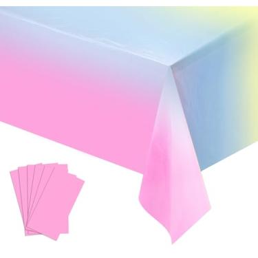 Imagem de LRQSM Pacote com 6 toalhas de mesa de plástico arco-íris, toalha de mesa descartável, com borda recortada, impermeável, retangular, arco-íris, capa de mesa para aniversário, casamento, chá de bebê