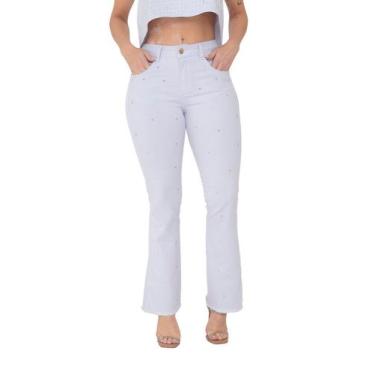 Imagem de Calça Feminina Flare Sarja Branca com pontos de Strass - Pthirillo, 40