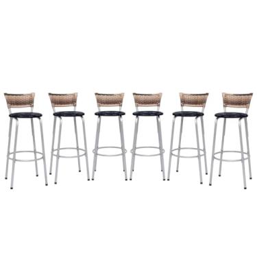 Imagem de Banqueta Altas Junco Cappuccino Estrutura Prata 70cm Para Balcão Cozinha, Bar, Bistrô, Americano Kit 05 Unidades - Itagold (Floral Preto)