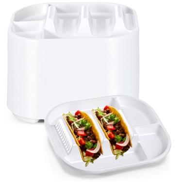 Imagem de Baderke Pacote com 60 pratos descartáveis de taco, placas de suporte de taco de PP com 2 divisórias para conchas macias e duras para terça-feira, festas, piqueniques, bandejas resistentes para tacos
