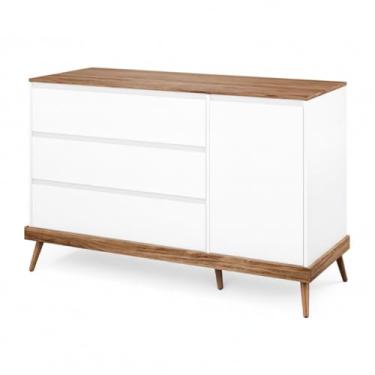 Imagem de Cômoda Infantil Retrô com Porta Coleção Canção de Ninar, em MDF e Madeira Maciça, 3 Gavetas com Trilhos Telescópicos