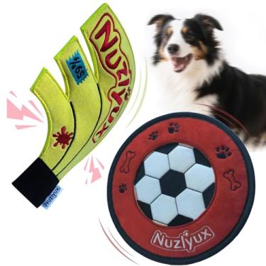 Imagem de Nuzlyux Pacote com 2 brinquedos para mastigar cães: brinquedos de futebol e banana para mantê-los ocupados, disco voador de longa duração para buscar e brincar, brinquedos de ansiedade para cães