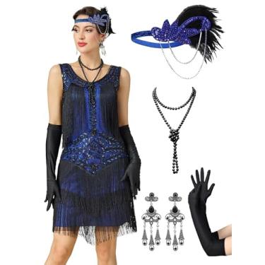 Imagem de RRYIO Vestidos melindrosa anos 1920 para mulheres, vestidos de renda com decote em V, vestidos Gatsby com franjas e loucos anos 20, Azul, XX-Large