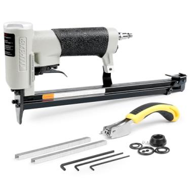 Imagem de WOODPECKER Grampeador pneumático de estofamento NL8016 com carregador estendido, grampos de coroa de calibre 21 de 1/5.1 cm, pistola de grampo pneumático série 80 para marcenaria, 0,6 cm a 5/20.3 cm