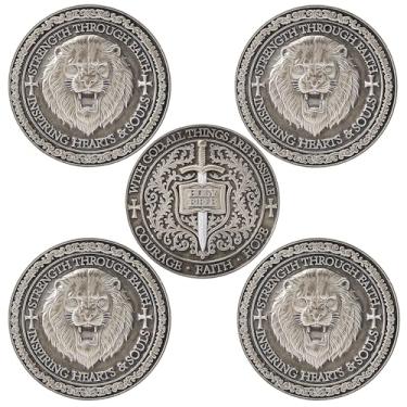 Imagem de 5 peças Moeda do Desafio do Fogo Sagrado Leão de Judá – Medalhão Cristão Fé e Coragem Símbolo Inspirador das Escrituras e Orações Presente de Lembrança Religiosa Comemorativa para Homens e Mulheres