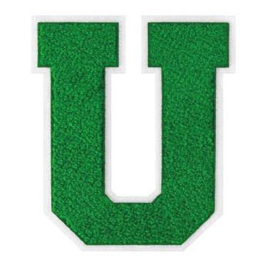 Imagem de 1 peça de patch de letra de chenille verde de 15 cm com borda branca – adesivos do alfabeto para roupas, jaquetas, mochilas, chapéus para decoração personalizada, nome personalizado e artesanato. (U)