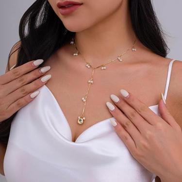 Imagem de Colar feminino de pérola longa com pingente de gota de ouro em forma de Y, colares de pérolas delicadas, joias modernas, presentes de amizade para mulheres, presentes de Natal, Dia dos Namorados