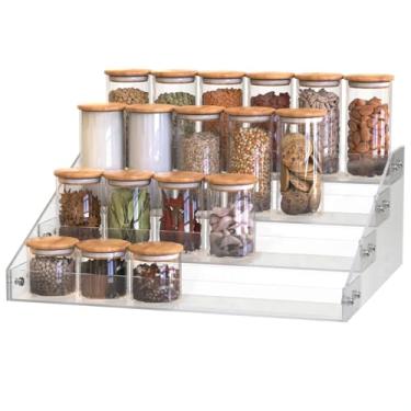 Imagem de Organizador de temperos de acrílico de 4 degraus para armário, prateleira de elevação transparente organizador de temperos para bancada, armário, despensa, suporte de armazenamento de cozinha, suporte