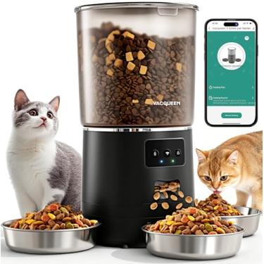 Imagem de Vacqueen Alimentador automático de gatos para 3 gatos, alimentador inteligente WiFi de 6L/25 xícaras, sistema anticongestionamento, dispensador de comida dessecante de efeito duplo, com gravador de