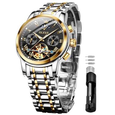 Imagem de OLEVS Relógios masculinos automáticos esqueleto turbilhão mecânico automático relógio de pulso de luxo fase da lua dia data à prova d'água relógio luminoso presentes, 6617: pulseira de dois tons e