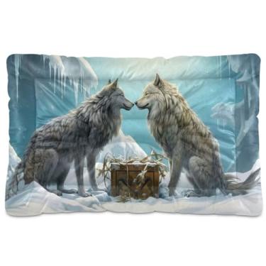 Imagem de Wassud Cama de cachorro com corações desenhados à mão com lobos na neve, camas grandes para cães ao ar livre, tapete lavável para animais de estimação, cama de gato para dormir, viagens 91 x 61 cm