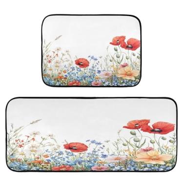 Imagem de Qilmy Tapetes de cozinha de flores silvestres aquarela 2 peças, tapete de entrada frontal, antiderrapante, alivia a fadiga, lavável, tapete para cozinha, quarto, varanda604