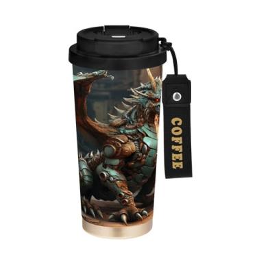 Imagem de YETTASBIN Caneca de café com isolamento térmico Scary Dragon de 500 ml com tampa canudo, copo à prova de derramamento e vazamento com alça para bebida quente e fria, garrafa de água de aço inoxidável