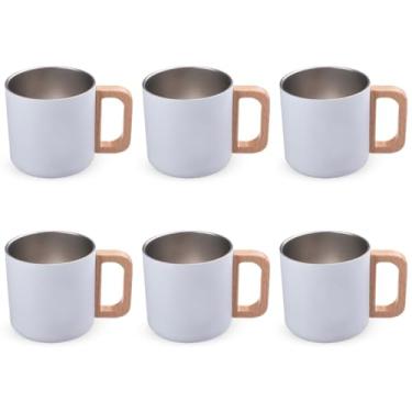 Imagem de Kit Conjunto 6 Canecas Térmicas 400ml Cor Branca com Alça de Bambu – Parede Dupla em Aço Inox, Isolamento Térmico, Design Elegante, Para Bebidas Quentes e Frias