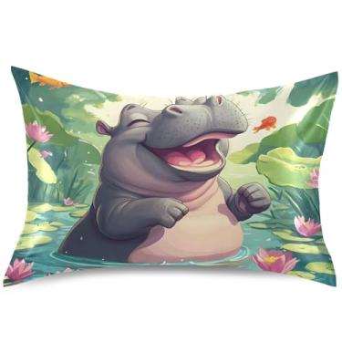Imagem de Lindas capas de almofada de cetim com estampa animal hipopótamo capas de travesseiro coloridas arte padrão king queen decoração de cama de casa, tamanho padrão, 66 cm x 50 cm