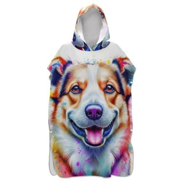 Imagem de TSENQUE Roupão reutilizável para troca de poncho de surfe adulto toalha de natação com capuz colorido cão corgi branco bonito ponchos adultos para mulheres