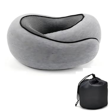 Imagem de Almofada de pescoço de viagem em forma de caracol – Suporte surround de 360°, almofada de viagem de espuma viscoelástica com fivela ajustável para aviões, carros e cochilos de escritório, Cinza claro