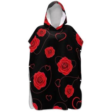 Imagem de Joisal Roupão de mudança de poncho de surfe plus size para toalha de banho com capuz bonito rosas vermelhas preto poncho masculino com capuz