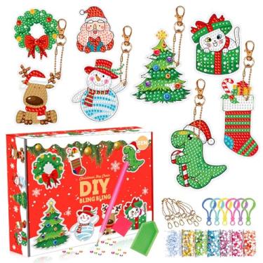 Imagem de CAYUDEN 8 chaveiros de pintura de diamante de Natal, kits de pintura de diamante DIY 5D, kits de arte de diamante para pendurar no Natal, ornamentos para decoração de família, um presente de Natal