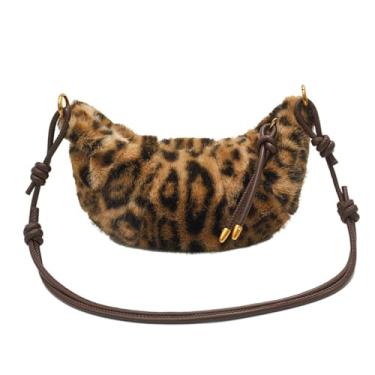Imagem de Saco de bolinho de leopardo fofo com estampa de guepardo, ombro peludo, transversal, bolsa crescente, bolsa de chifre de pelúcia de leopardo, Caqui, 150.02 cubic inches