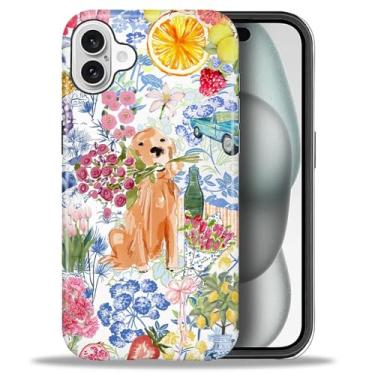 Imagem de Goodsprout Capa para iPhone 16 Plus, capa rígida híbrida de 2 camadas + capa protetora de silicone - à prova de choque - Colagem de flores de verão da faculdade fofa do cão Ally's Dog's
