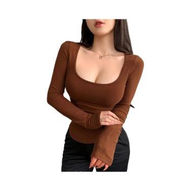 Imagem de Camiseta Feminina De Manga Longa Cropped Com Decote Quadrado Ajustada 