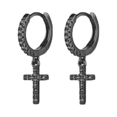Imagem de Brincos De Argola Com Pingente De Cruz Hiphop Em Ouro Preto E Prata Pa