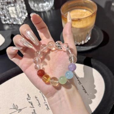 Imagem de Pulseira com contas de arco-íris transparente, pulseira de pedras naturais de cura elástica, design elástico, uso diário, acessórios de férias
