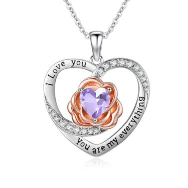 Imagem de WYDDO Colar feminino com pedra do mês de nascimento, coração, rosa, pingente "I Love You", aniversário, Natal, Dia dos Namorados, presente para sua esposa, filha, mãe, Base, Zircônia cúbica