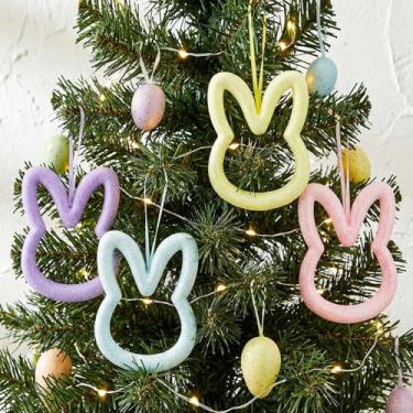Imagem de Roowest Conjunto de 12 peças de enfeites de coelhinho da Páscoa, orelhas de coelho com glitter 3D, para pendurar em árvore, guirlanda de 5,9 polegadas, faça você mesmo, para decoração de Páscoa, porta