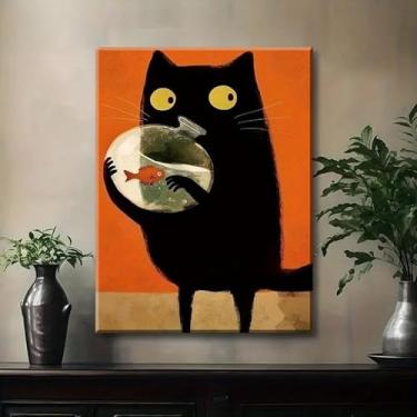Imagem de 1 peça impressão de arte de parede de gato preto ilustração peculiar decoração festiva para casa, sala de estar, escritório, exibição de corredor. (Observação: sem moldura), 20 x 30 cm
