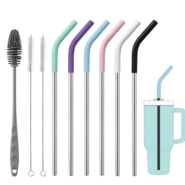 Imagem de XccMe Canudos de substituição para copos Stanley de 1,134 g, pacote com 6 canudos de metal reutilizáveis, compatíveis com copo de 1,134 g, canudo de aço inoxidável extra longo de 30 cm com pontas de