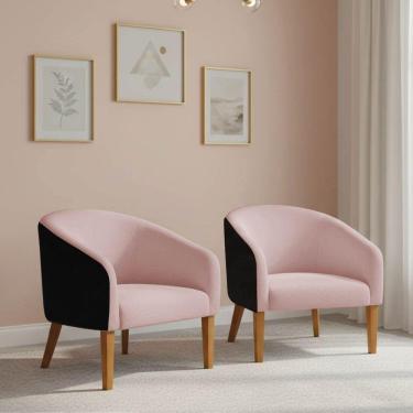 Imagem de Poltrona Sala Decorativa Kit 2 Stella Pé Madeira Trapézio Castanho Sintético Pu D03 - D'rossi Preto-bouclê Rosê