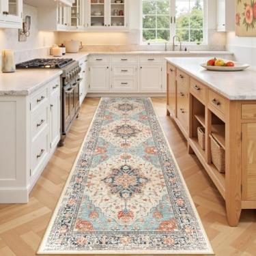 Imagem de RELEANY Tapetes de área 9,5 x 2,5 m, lavável, antiderrapante, floral, vintage, estampa de angústia, tapete medalhão para sala de estar, quarto, sala de jantar, bege, azul marinho, laranja, colorido