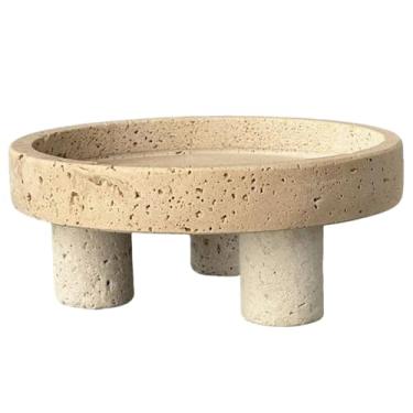 Imagem de Bandeja de mármore redonda travertino com pé – suporte de mármore para balcão de cozinha, bandeja de servir de pedra de vela de penteadeira, suporte de pedestal para mesa de jantar ou banheiro