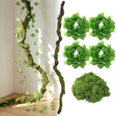 Imagem de Giegxin Tronco de galhos de árvore artificial dobrável de 198 cm com 12 peças, guirlanda de hera artificial de 2,3 m, folhas de folhas de videiras falsas, musgo verde falso de 200 ml para decoração de