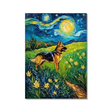 Imagem de Pintura a óleo floral colorida abstrata Van-Gogh Dog Starry Night Pôster em tela de arte de parede impressões engraçadas de animais para decoração de casa e sala de estar de casa de fazenda